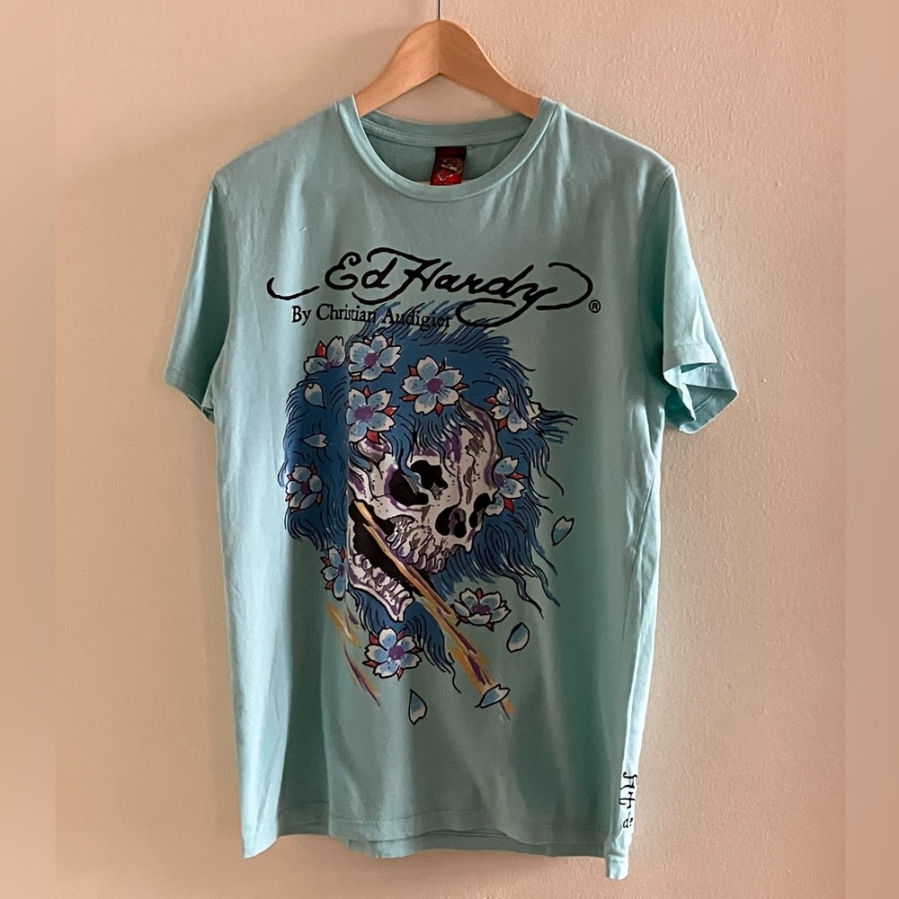 ED HARDY teal blue skull tee sz L